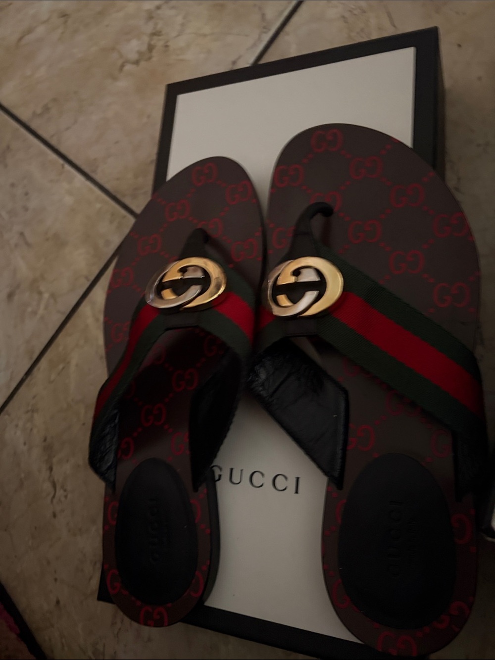 Gucci Brown Red Green GG Logo Leather Thong Sandals with Gold Double G - Picture 2 of 4